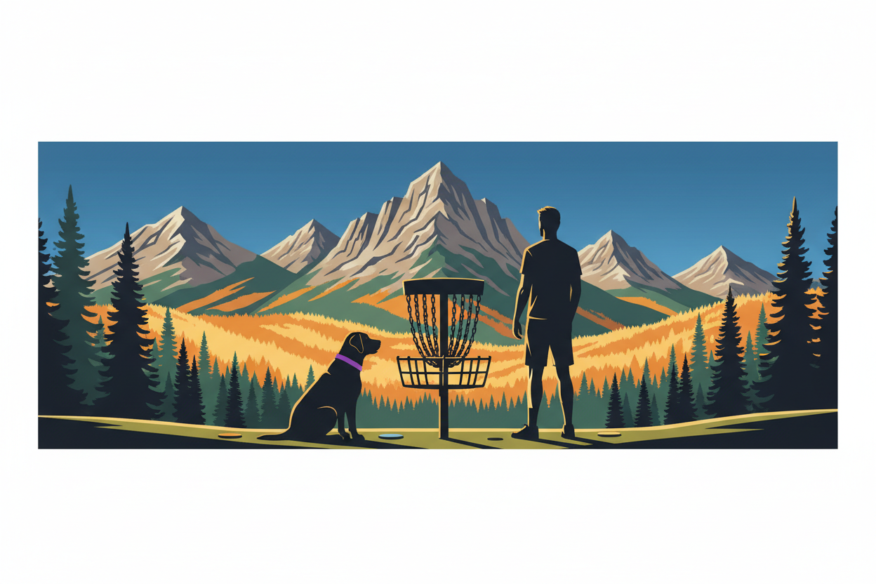 Disc Golf Basket with Dog and Man Looking at Mountains